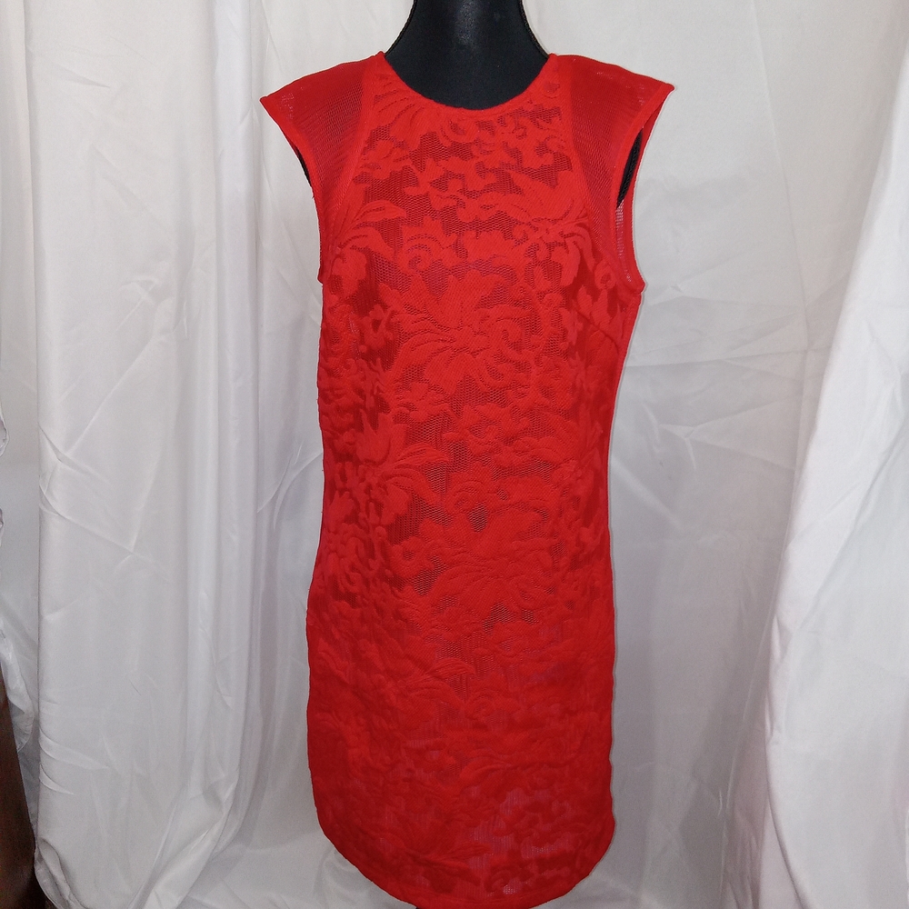 Red Bodycon Mini Dress Mesh Textured Mob Wife Date Night Party Dress M - Picture 5 of 14